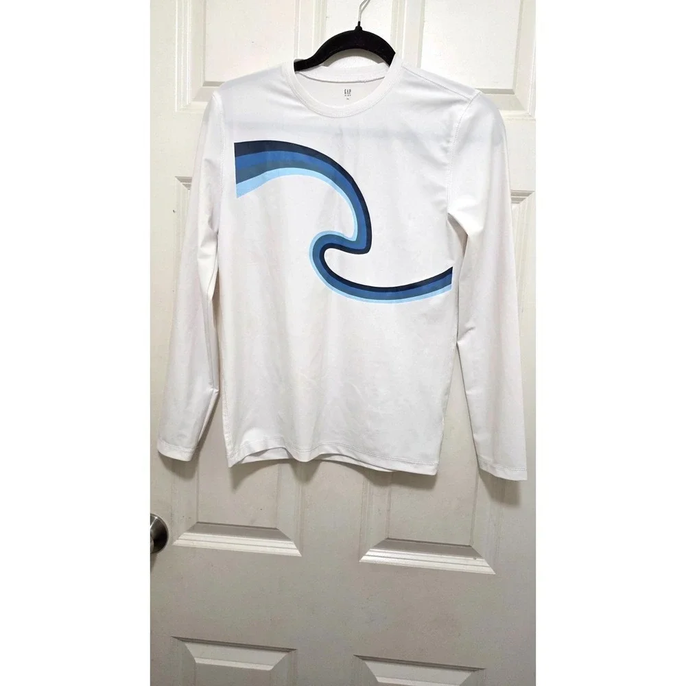 Gap Kids‎ XL White Swim Long-Sleeve Shirt Blue Wave Design Lightweight